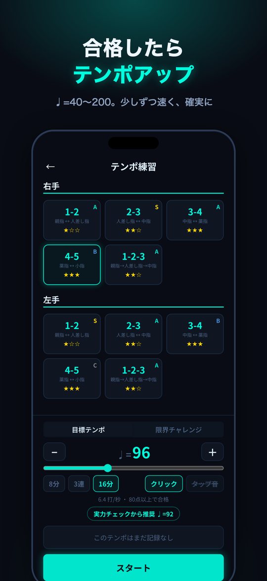 テンポ練習の設定画面。指パターンと目標テンポを選ぶ
